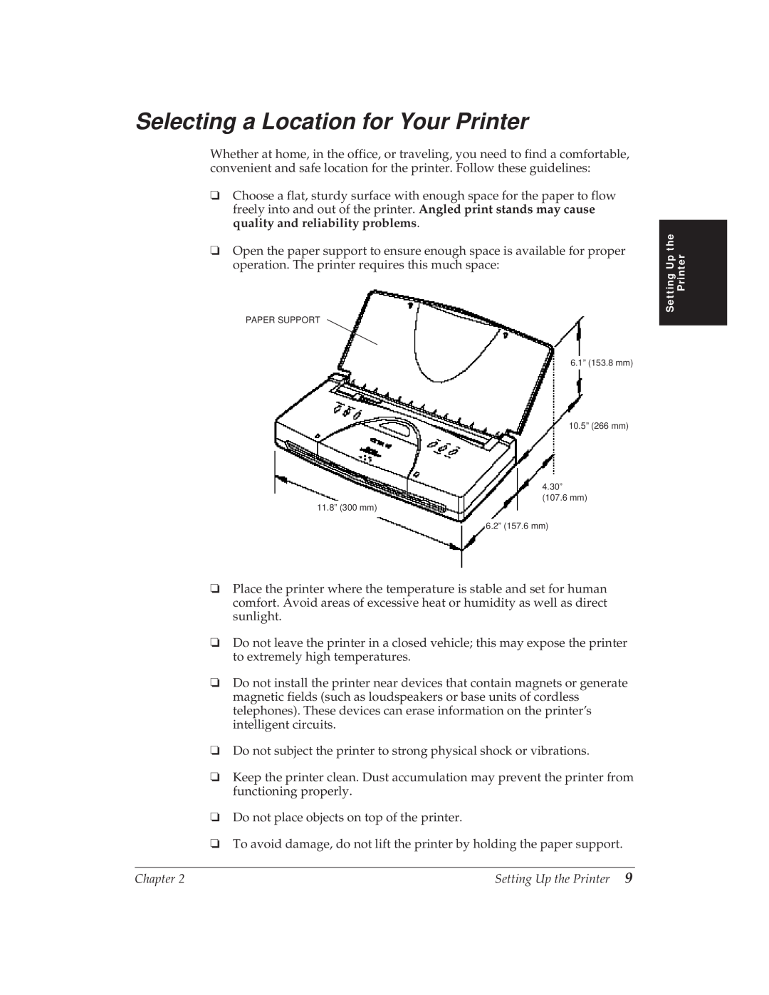 Canon BJ-30 manual Selecting a Location for Your Printer 