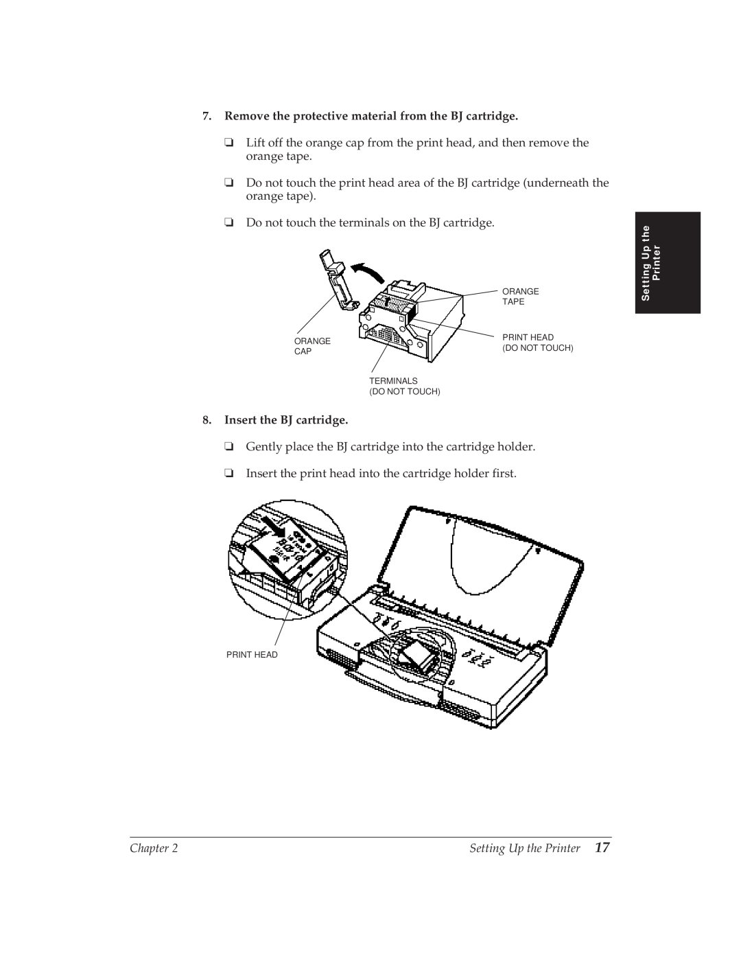 Canon BJ-30 manual Remove the protective material from the BJ cartridge, Insert the BJ cartridge 