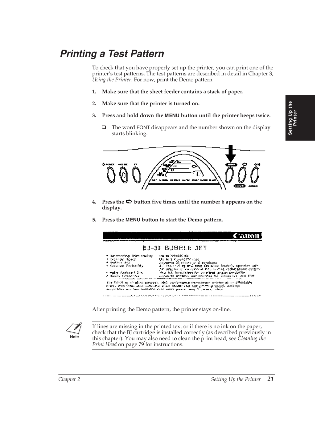 Canon BJ-30 manual Printing a Test Pattern, Make sure that the sheet feeder contains a stack of paper 
