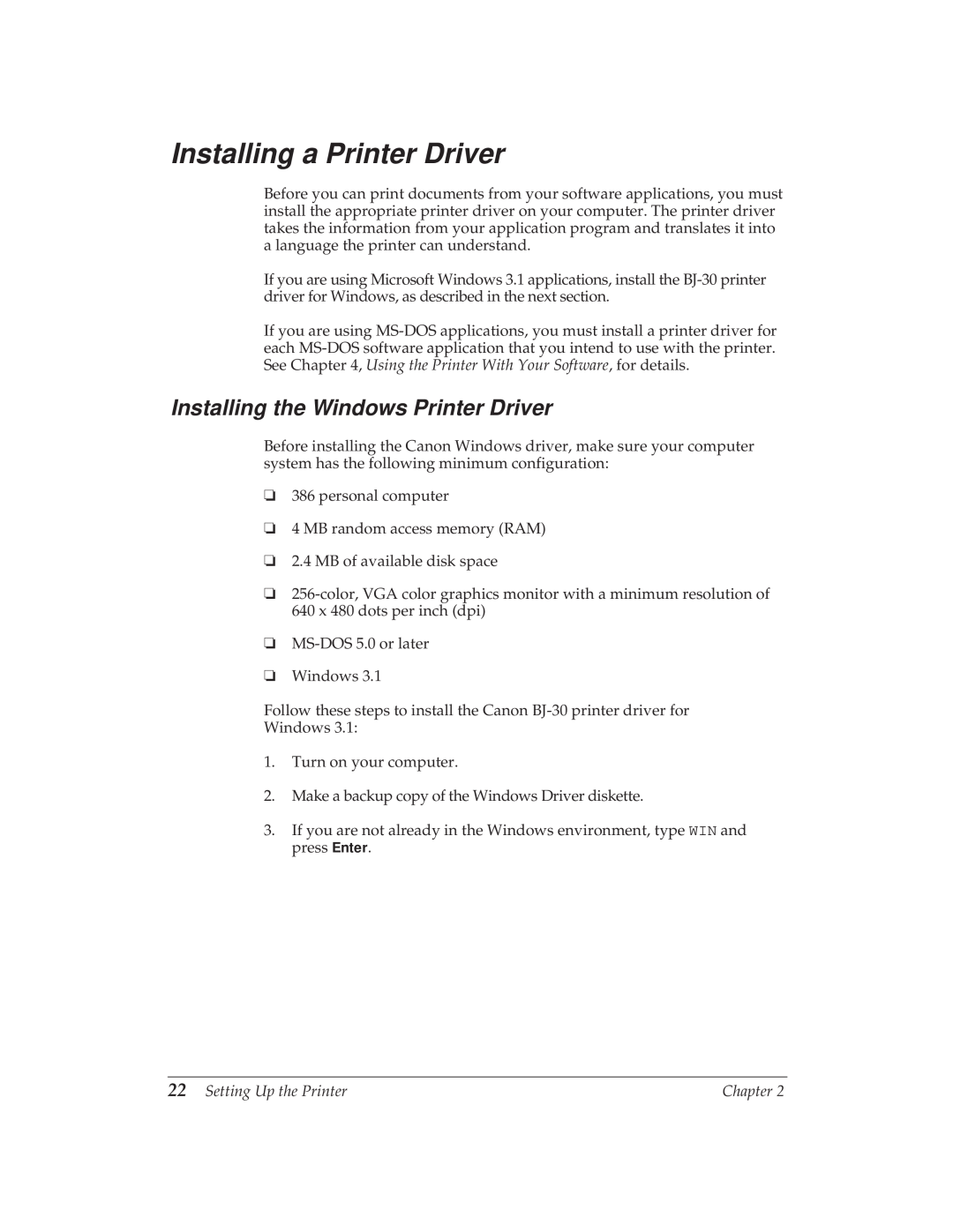 Canon BJ-30 manual Installing a Printer Driver, Installing the Windows Printer Driver 