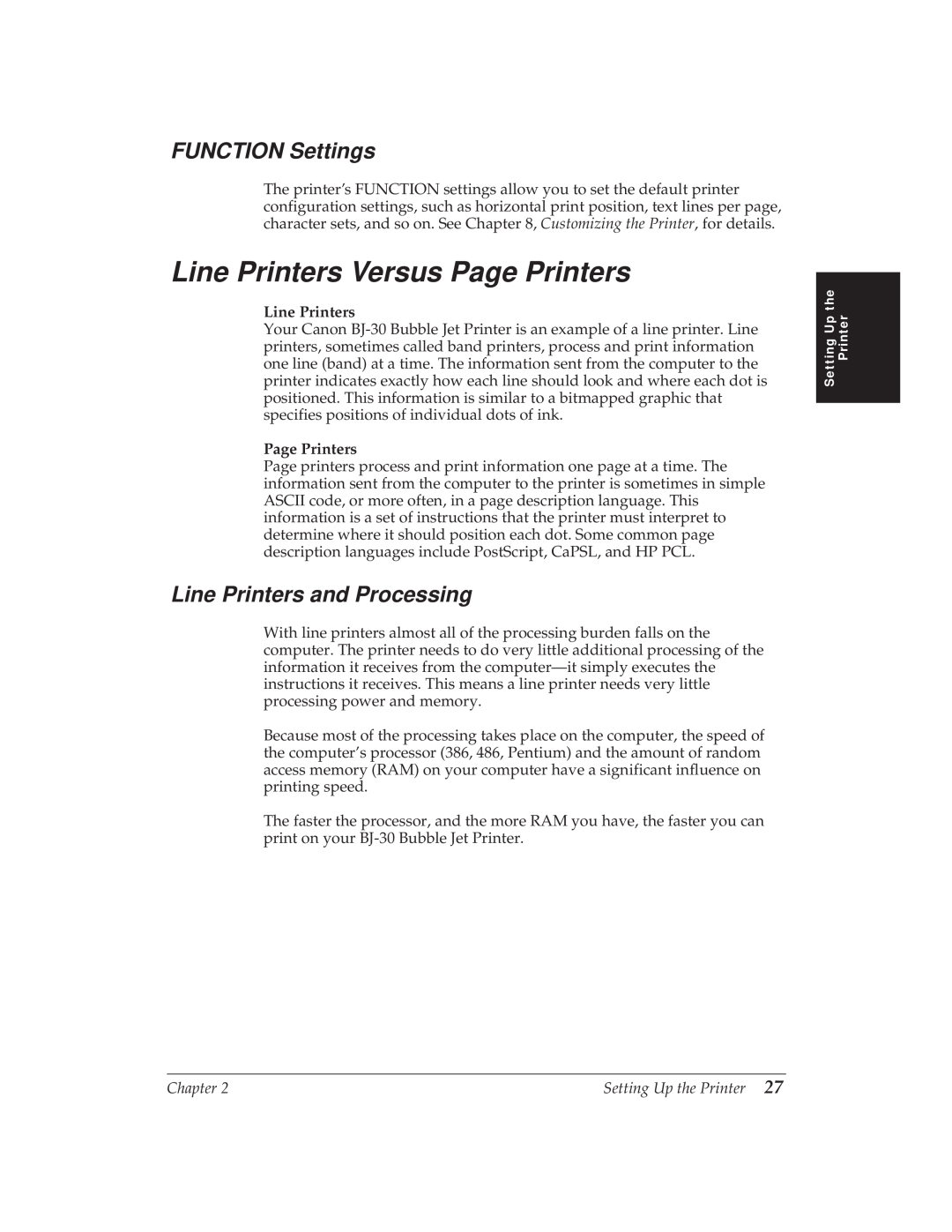 Canon BJ-30 manual Line Printers Versus Page Printers, FUNCTION Settings, Line Printers and Processing 