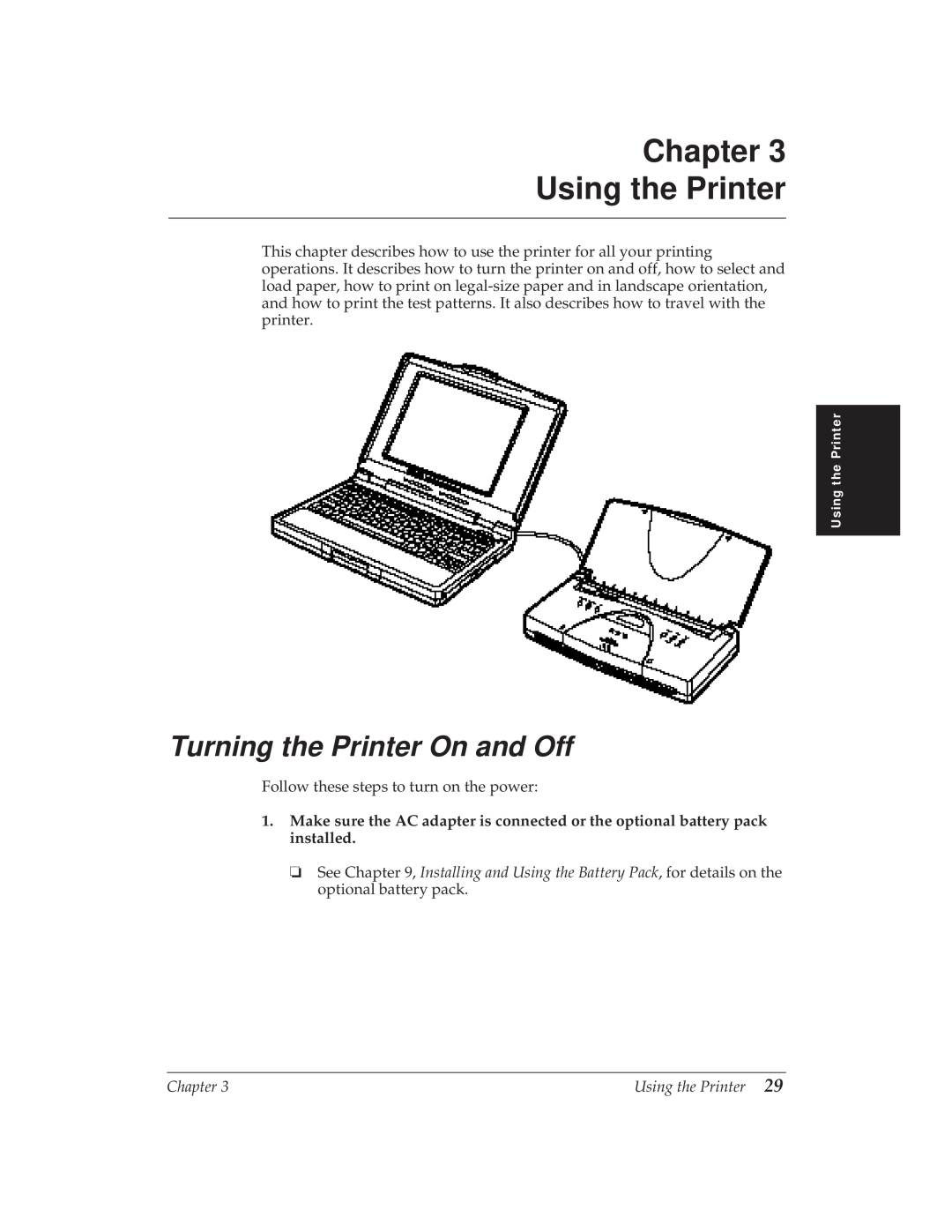Canon BJ-30 manual Chapter Using the Printer, Turning the Printer On and Off 