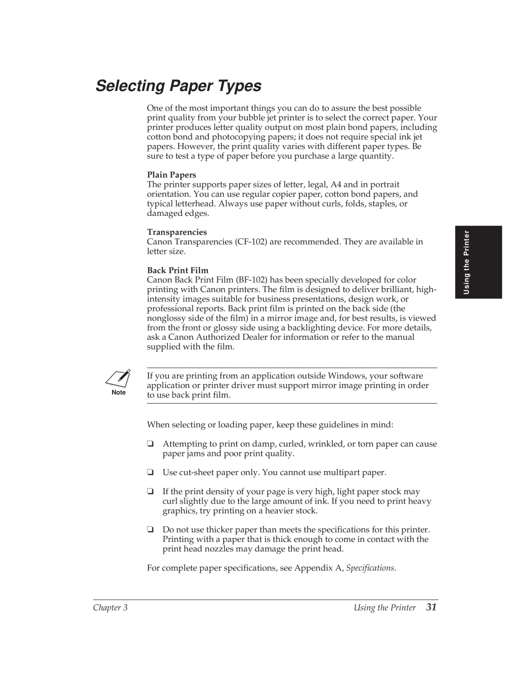 Canon BJ-30 manual Selecting Paper Types, Plain Papers, Transparencies, Back Print Film 