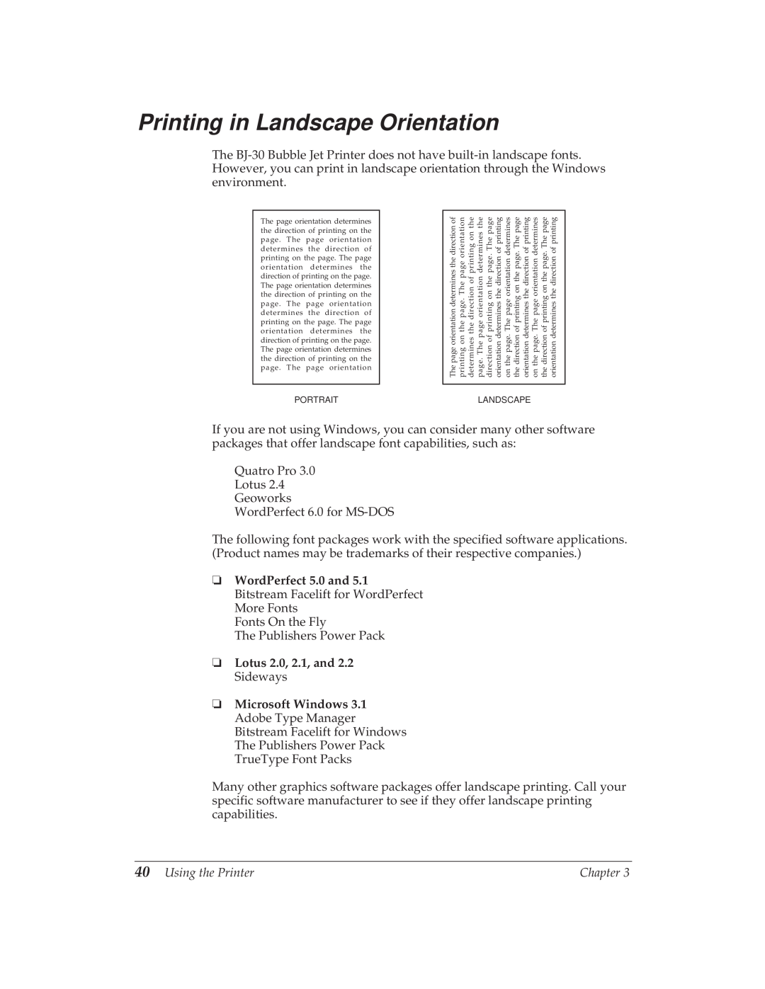 Canon BJ-30 manual Printing in Landscape Orientation, WordPerfect 5.0 and 5.1 Bitstream Facelift for WordPerfect More Fonts 