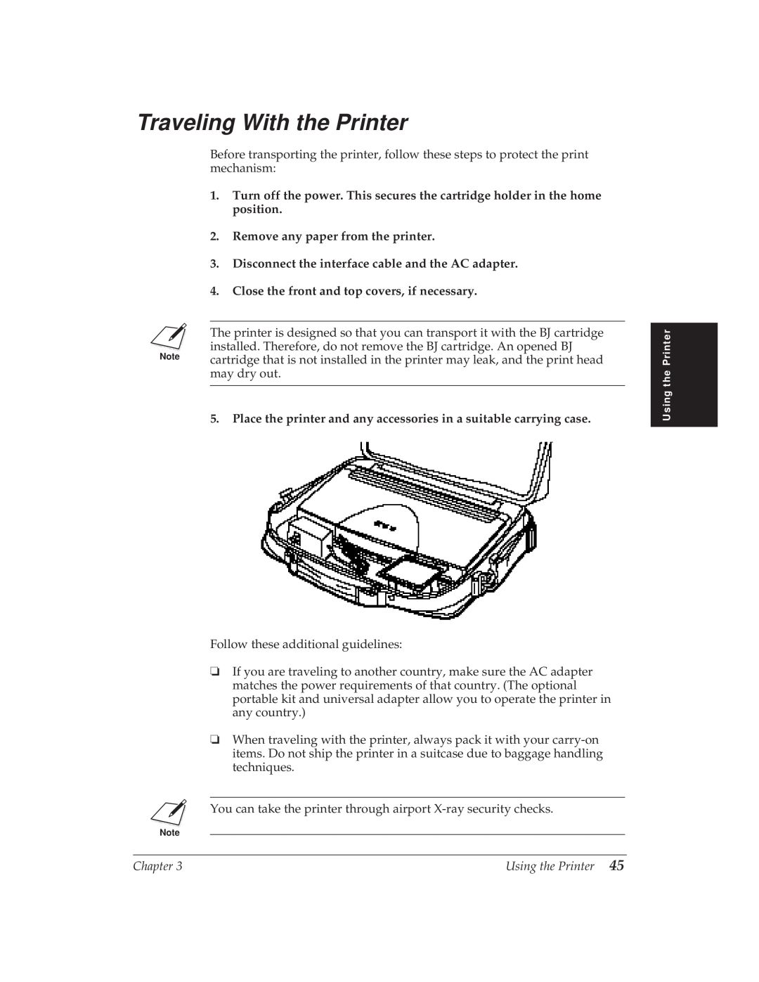 Canon BJ-30 Traveling With the Printer, Remove any paper from the printer, Close the front and top covers, if necessary 