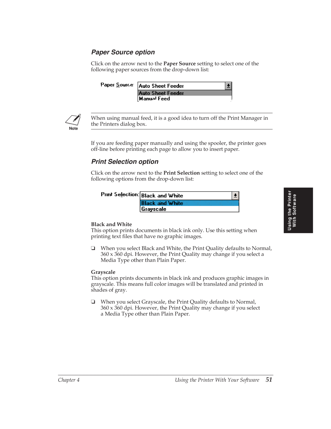 Canon BJ-30 manual Paper Source option, Print Selection option, Black and White, Grayscale 