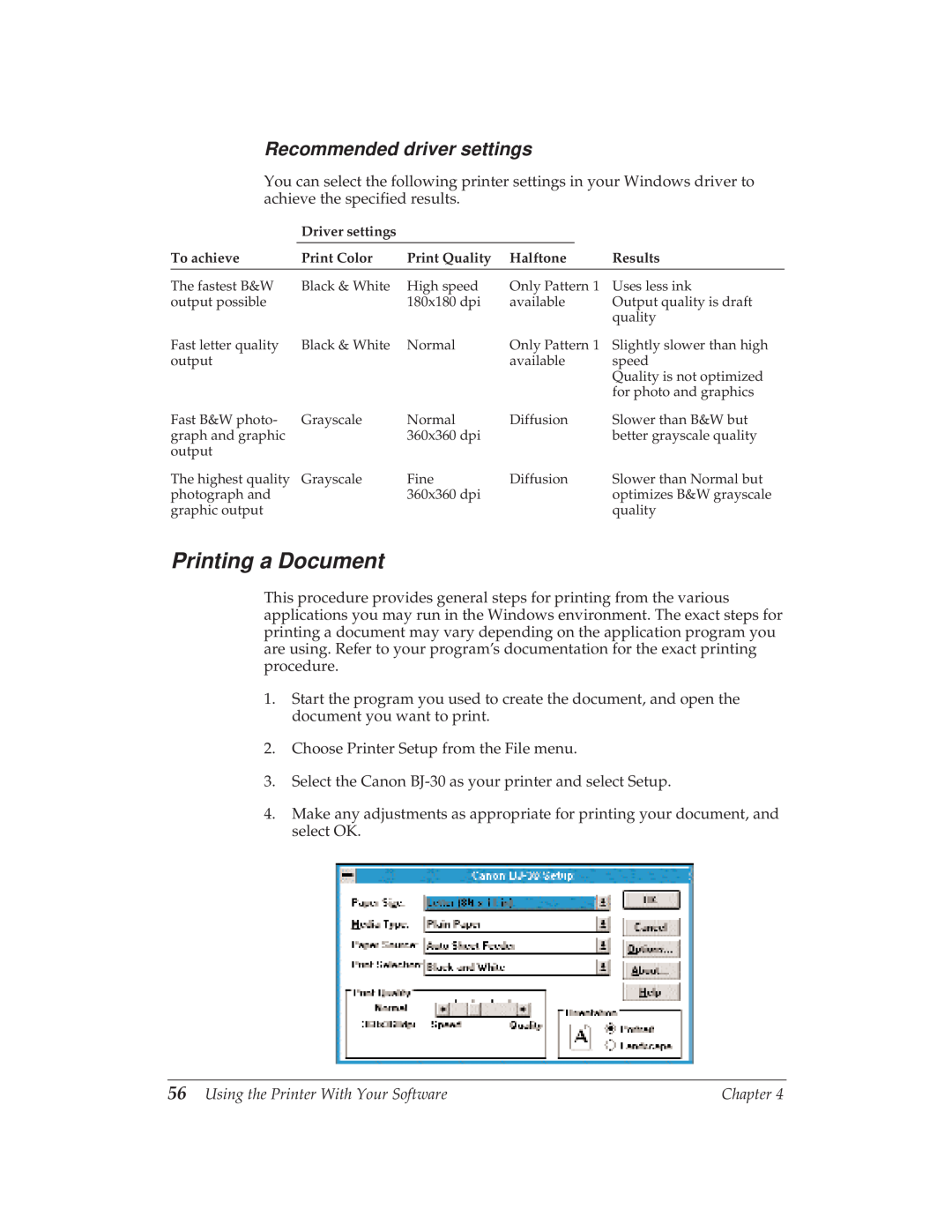 Canon BJ-30 manual Printing a Document, Recommended driver settings 