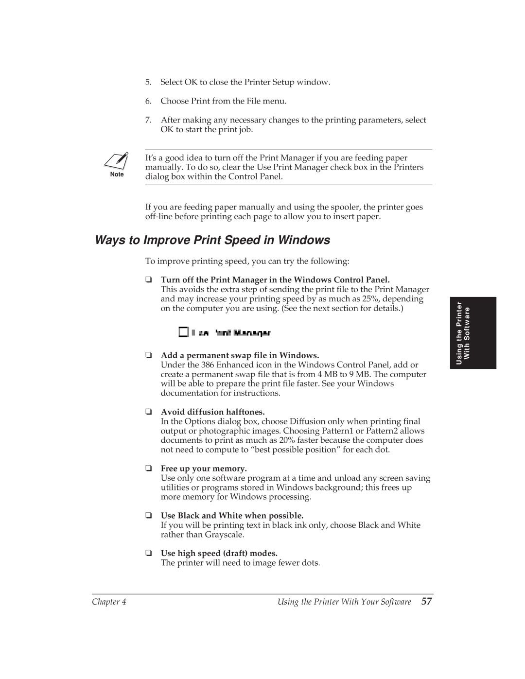 Canon BJ-30 manual Ways to Improve Print Speed in Windows, Turn off the Print Manager in the Windows Control Panel 