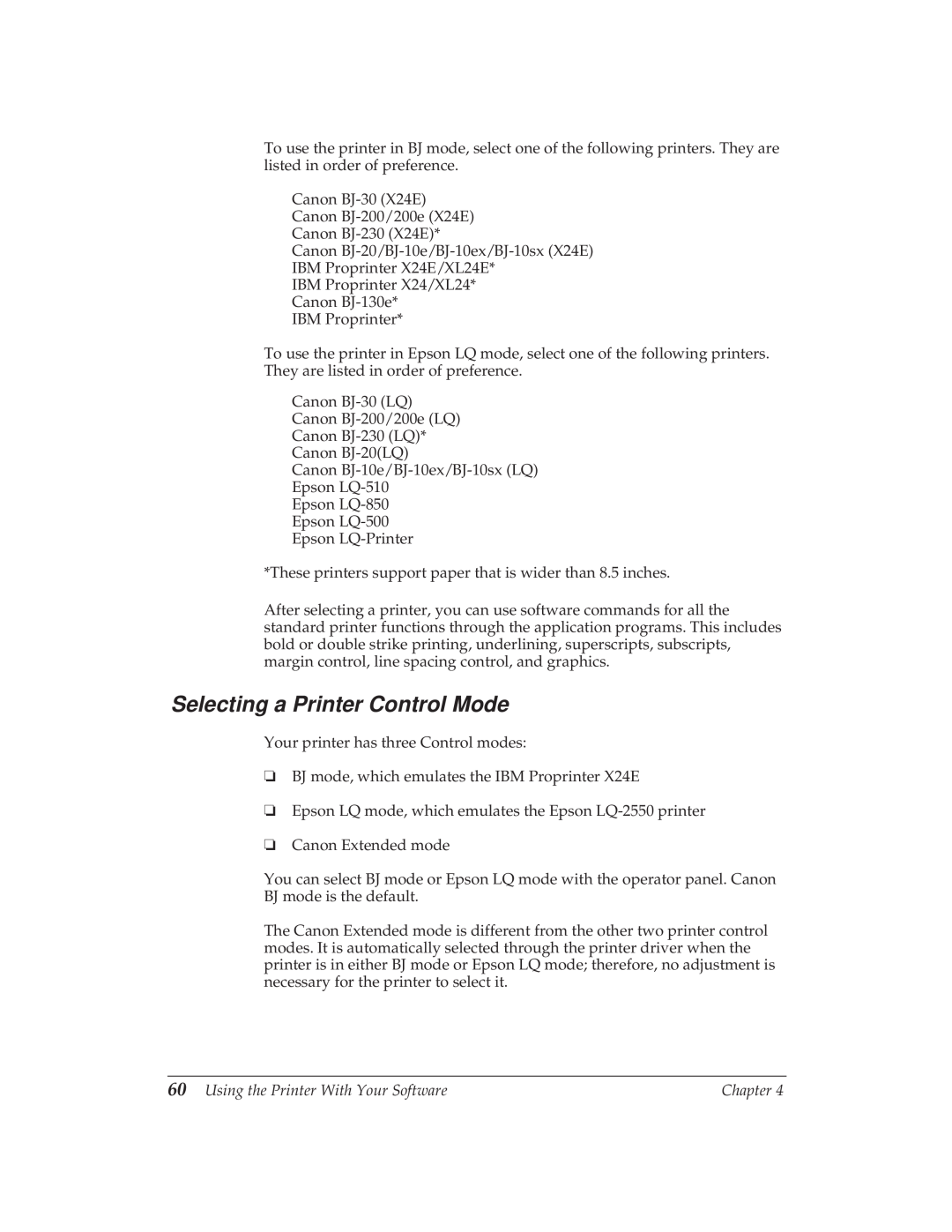 Canon BJ-30 manual Selecting a Printer Control Mode 