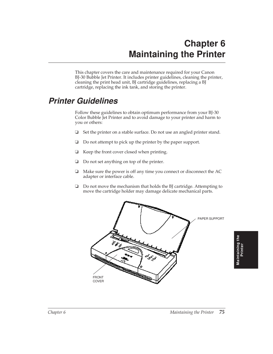 Canon BJ-30 manual Chapter Maintaining the Printer, Printer Guidelines 