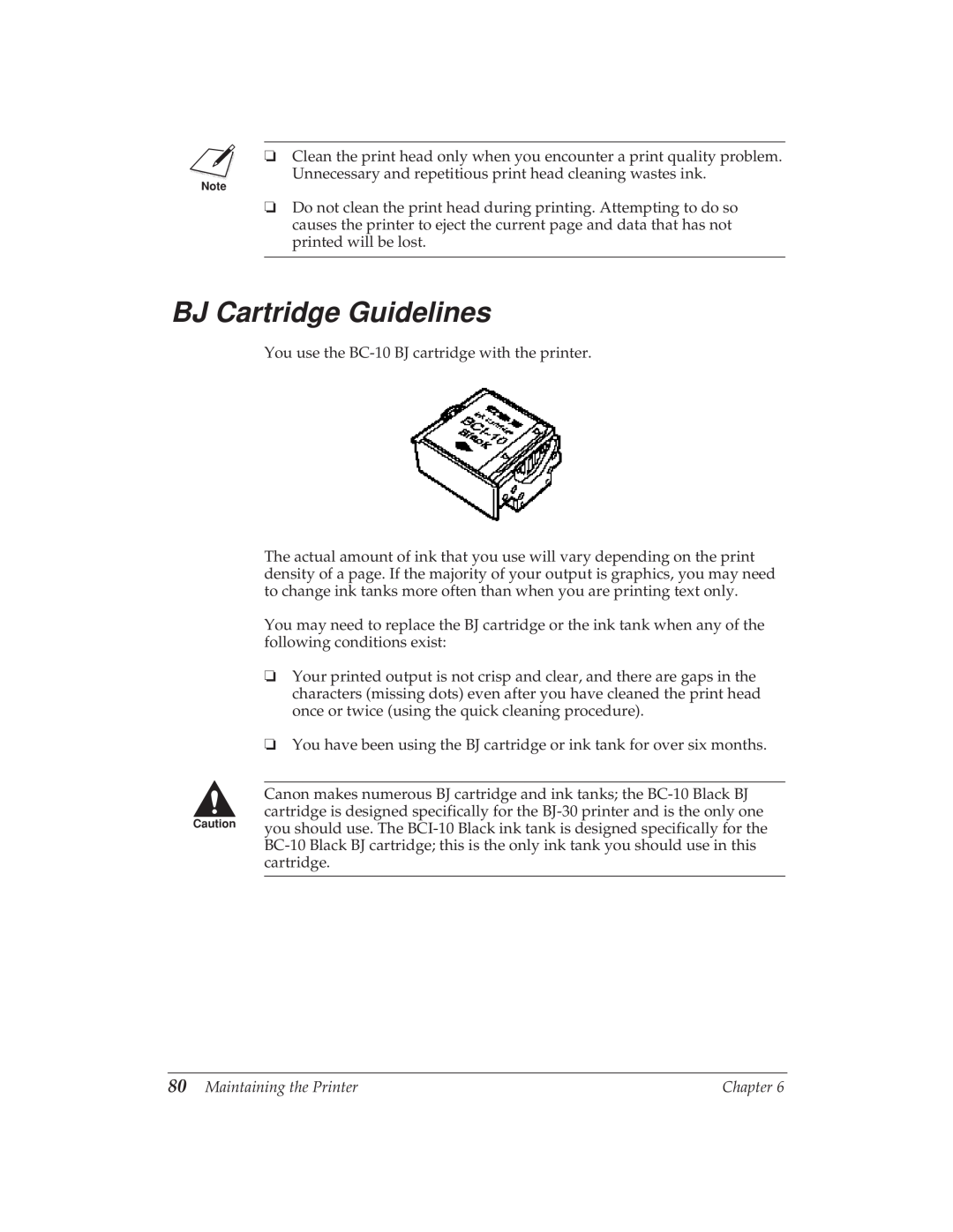 Canon BJ-30 manual BJ Cartridge Guidelines 