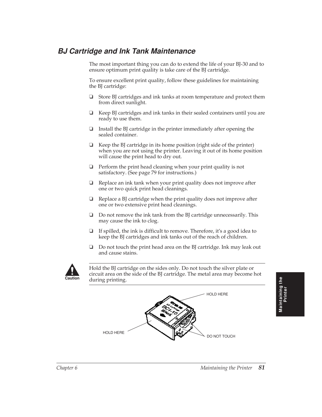 Canon BJ-30 manual BJ Cartridge and Ink Tank Maintenance, Hold Here Hold Here Do Not Touch 