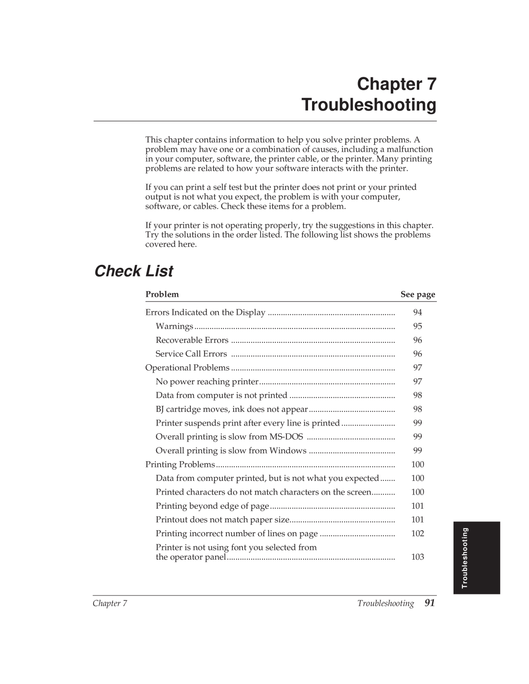 Canon BJ-30 manual Chapter Troubleshooting, Check List, Problem, See page 