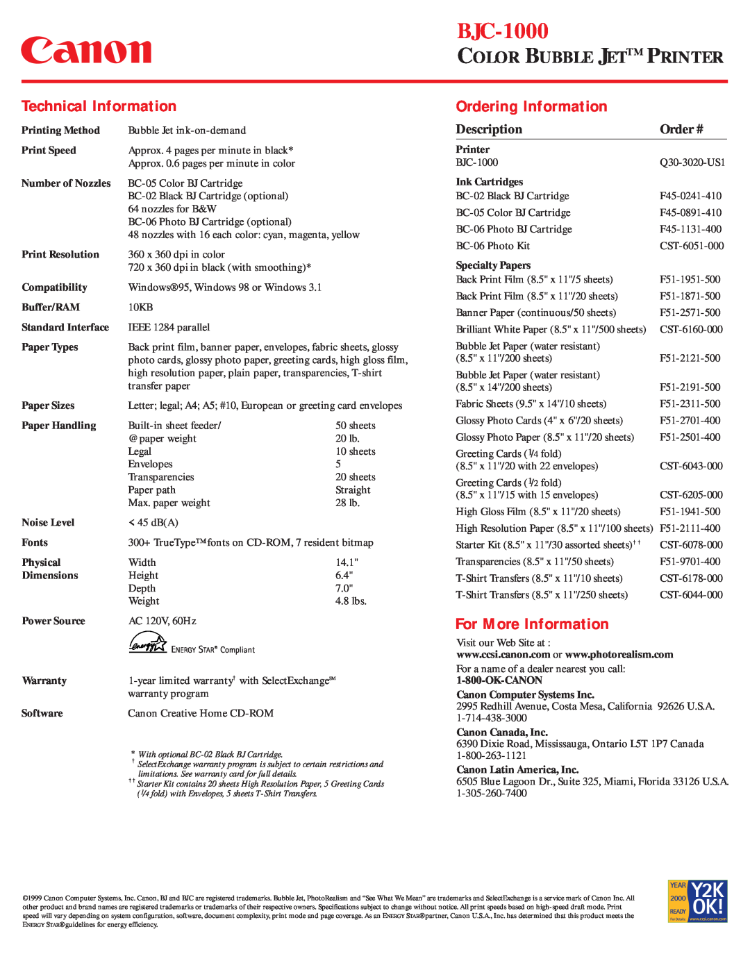 Canon BJC-1000 Technical Information, Ordering Information, For More Information, Color Bubble Jet Printer, Description 