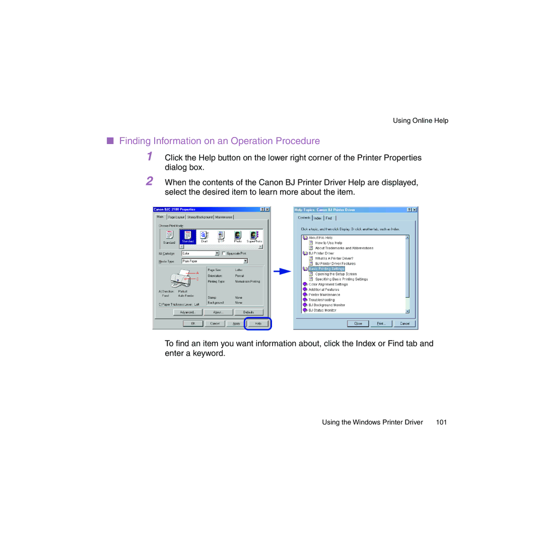 Canon BJC-2100 user manual Finding Information on an Operation Procedure 