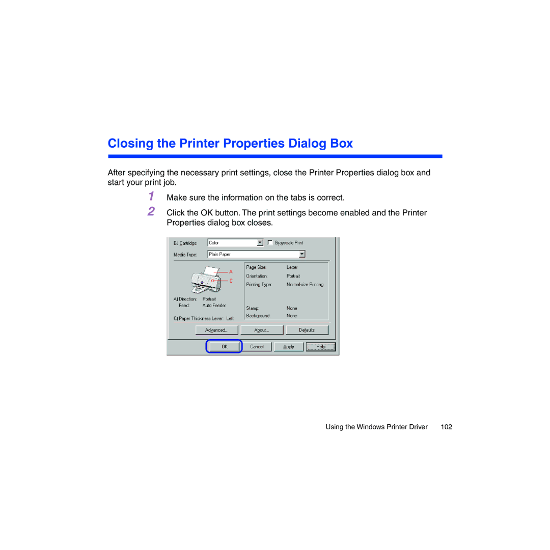 Canon BJC-2100 user manual Closing the Printer Properties Dialog Box 