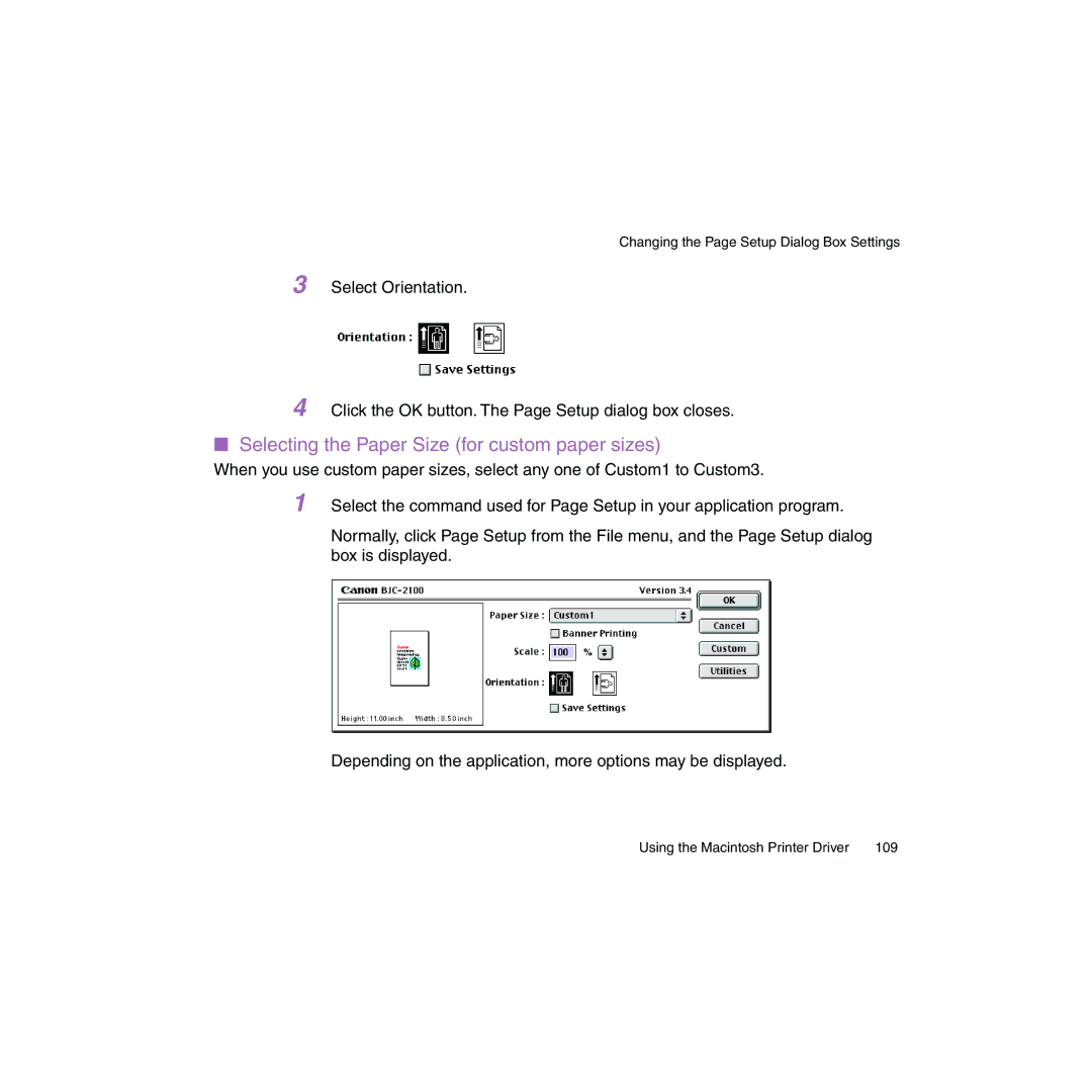 Canon BJC-2100 user manual Selecting the Paper Size for custom paper sizes 