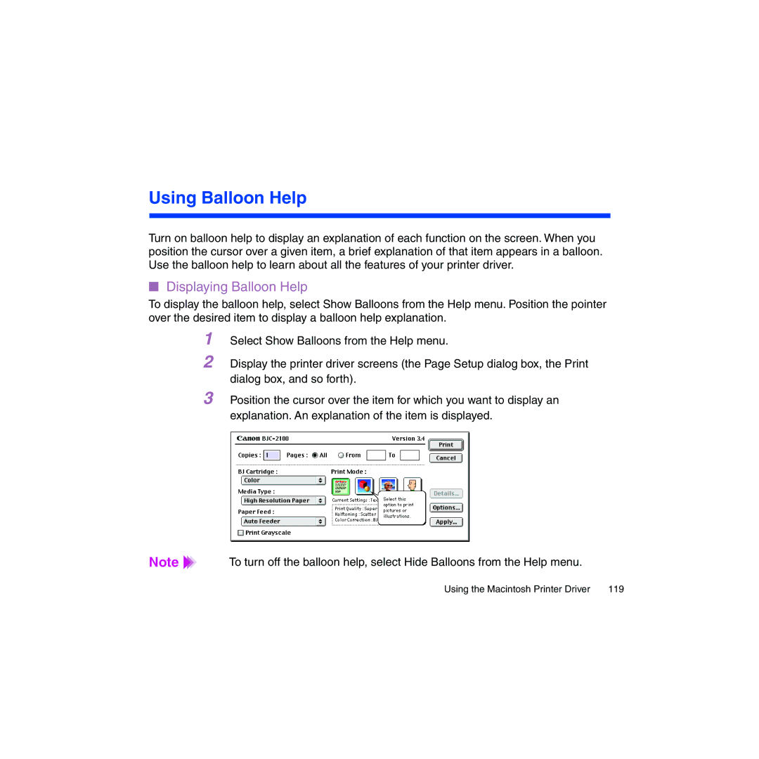 Canon BJC-2100 user manual Using Balloon Help, Displaying Balloon Help 