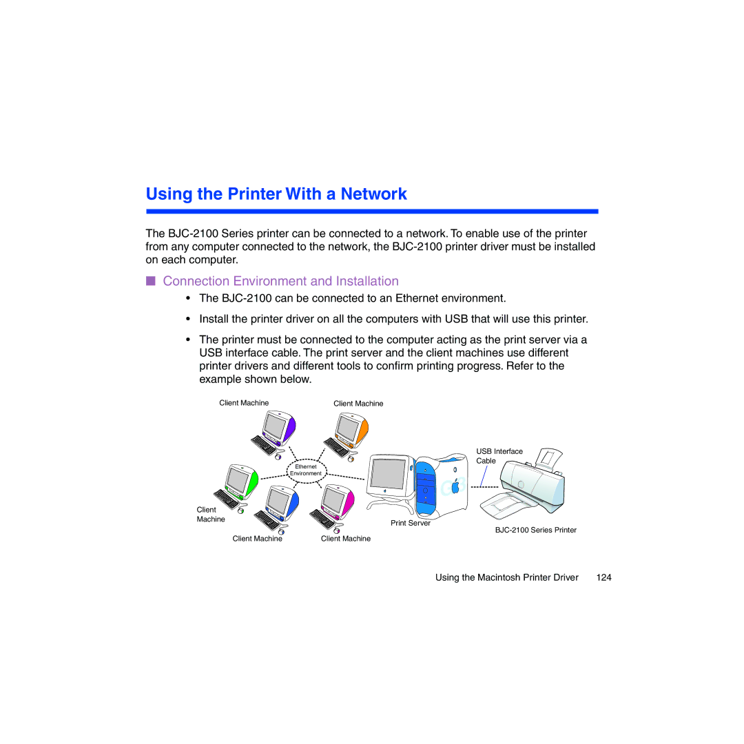 Canon BJC-2100 user manual Using the Printer With a Network, Connection Environment and Installation 