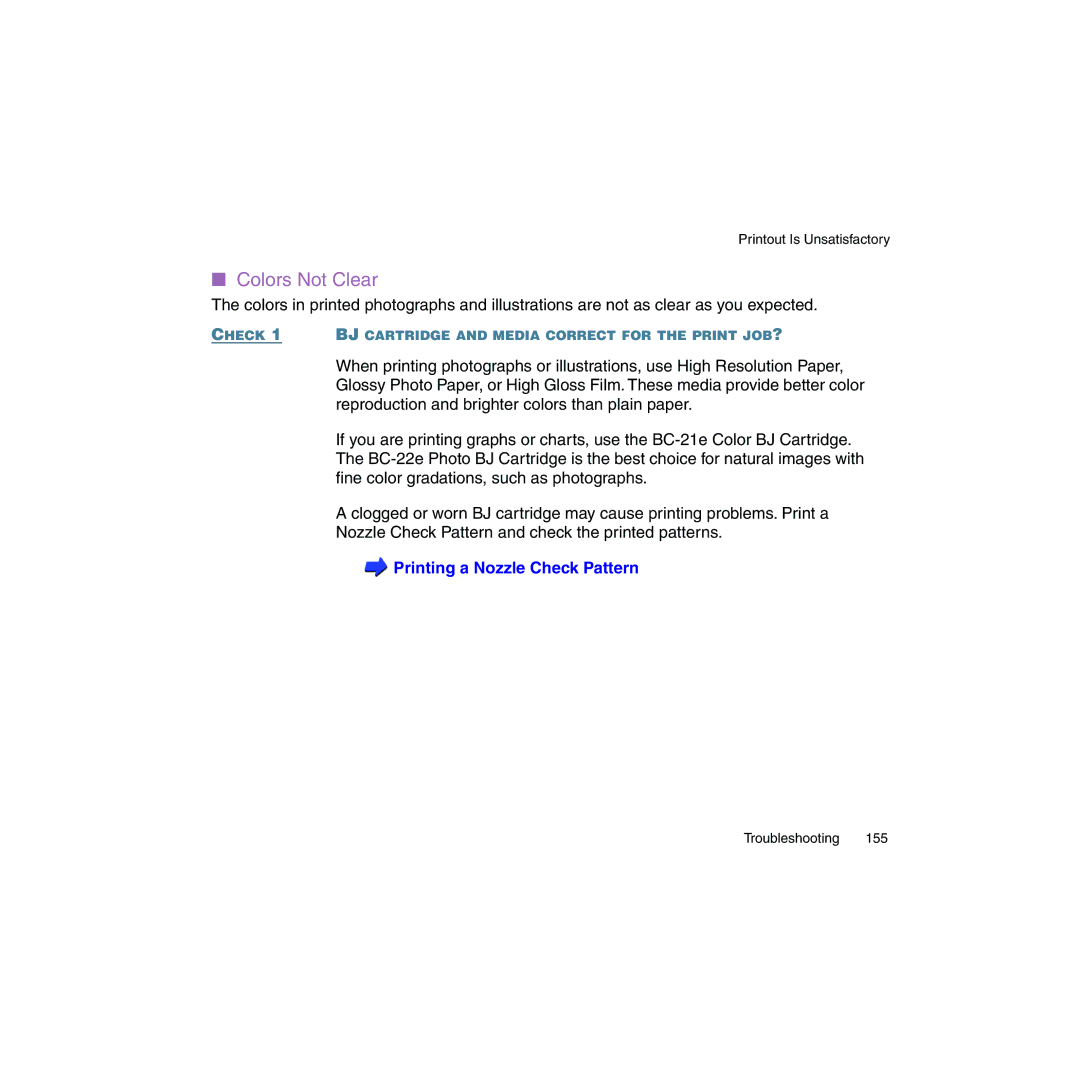 Canon BJC-2100 user manual Colors Not Clear, Printing a Nozzle Check Pattern 