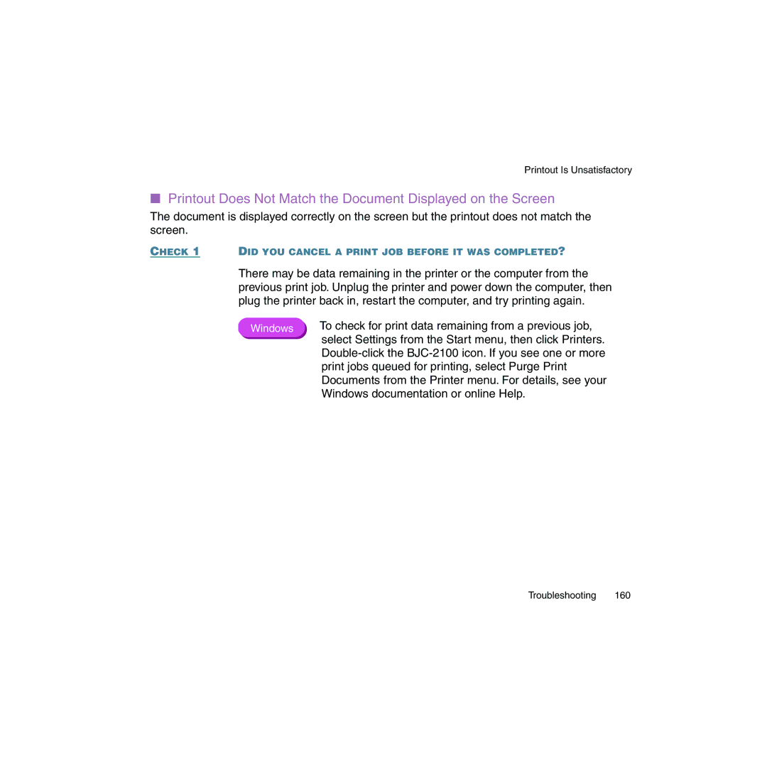 Canon BJC-2100 user manual Printout Does Not Match the Document Displayed on the Screen 