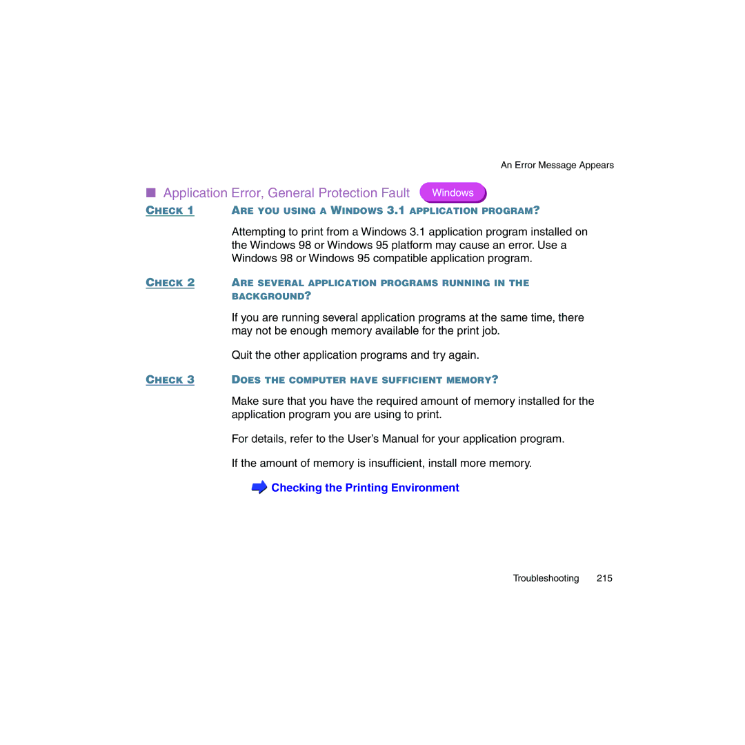 Canon BJC-2100 user manual Application Error, General Protection Fault, Checking the Printing Environment 