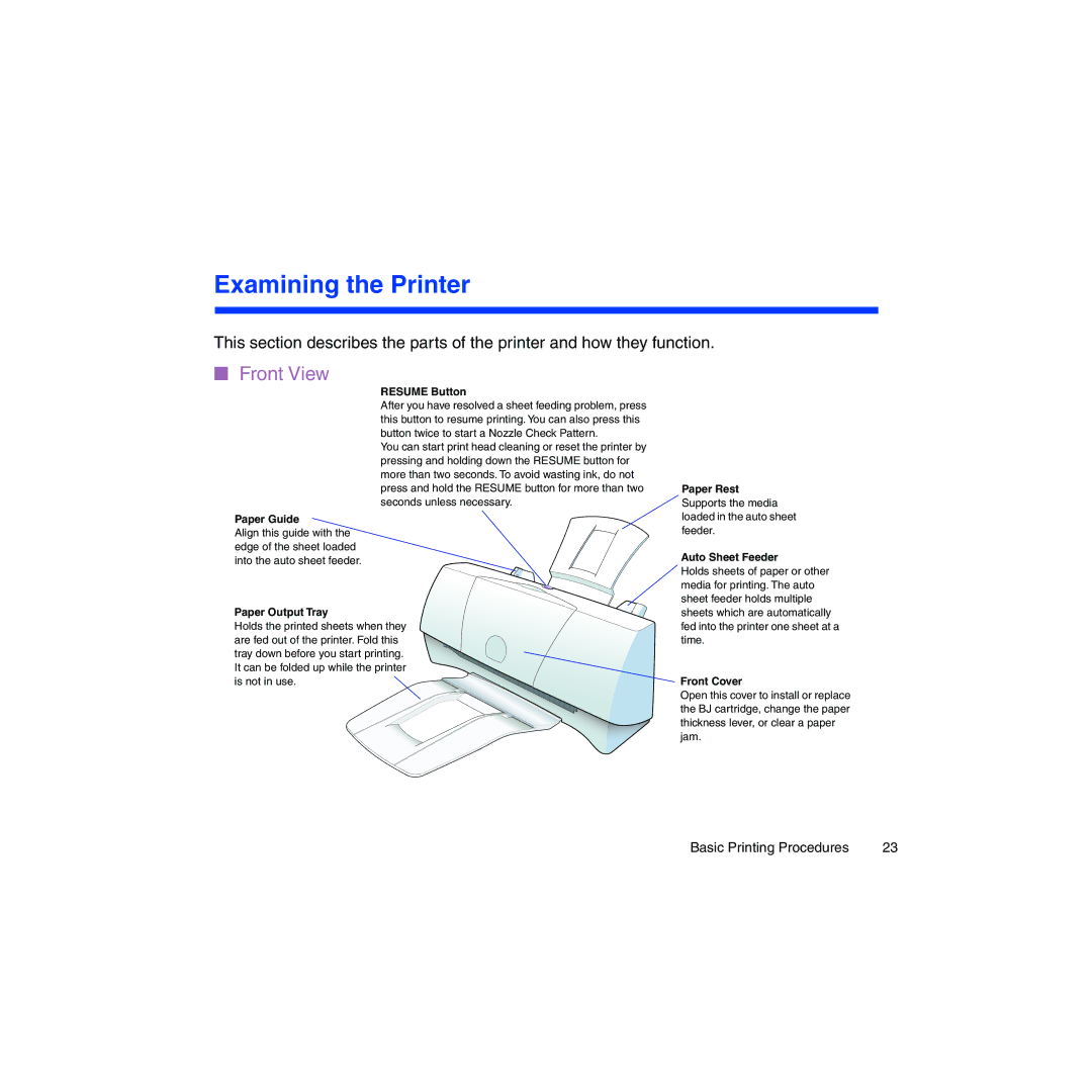 Canon BJC-2100 user manual Examining the Printer, Front View 