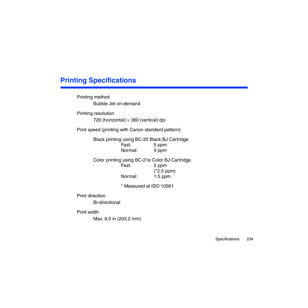 Canon BJC-2100 user manual Printing Speciﬁcations 