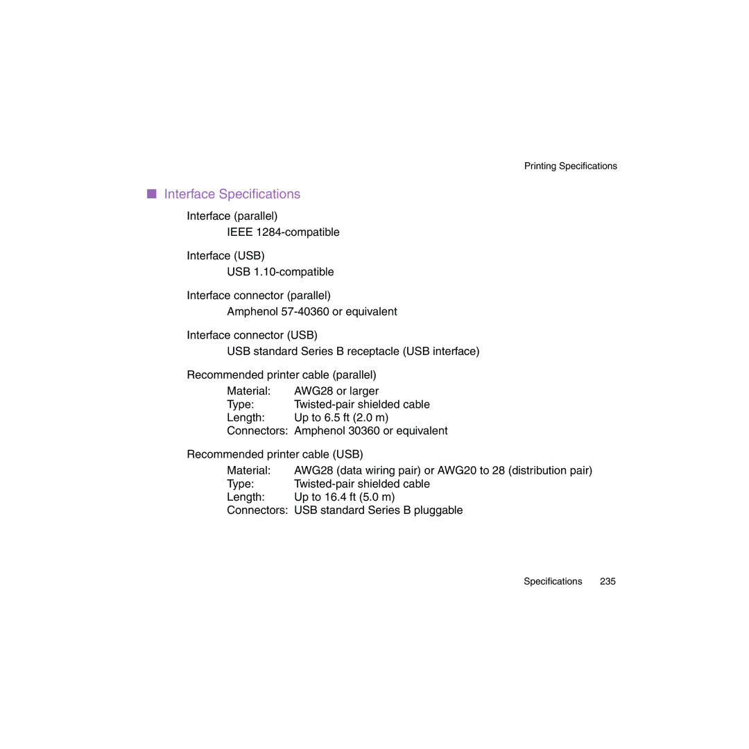 Canon BJC-2100 user manual Interface Speciﬁcations 