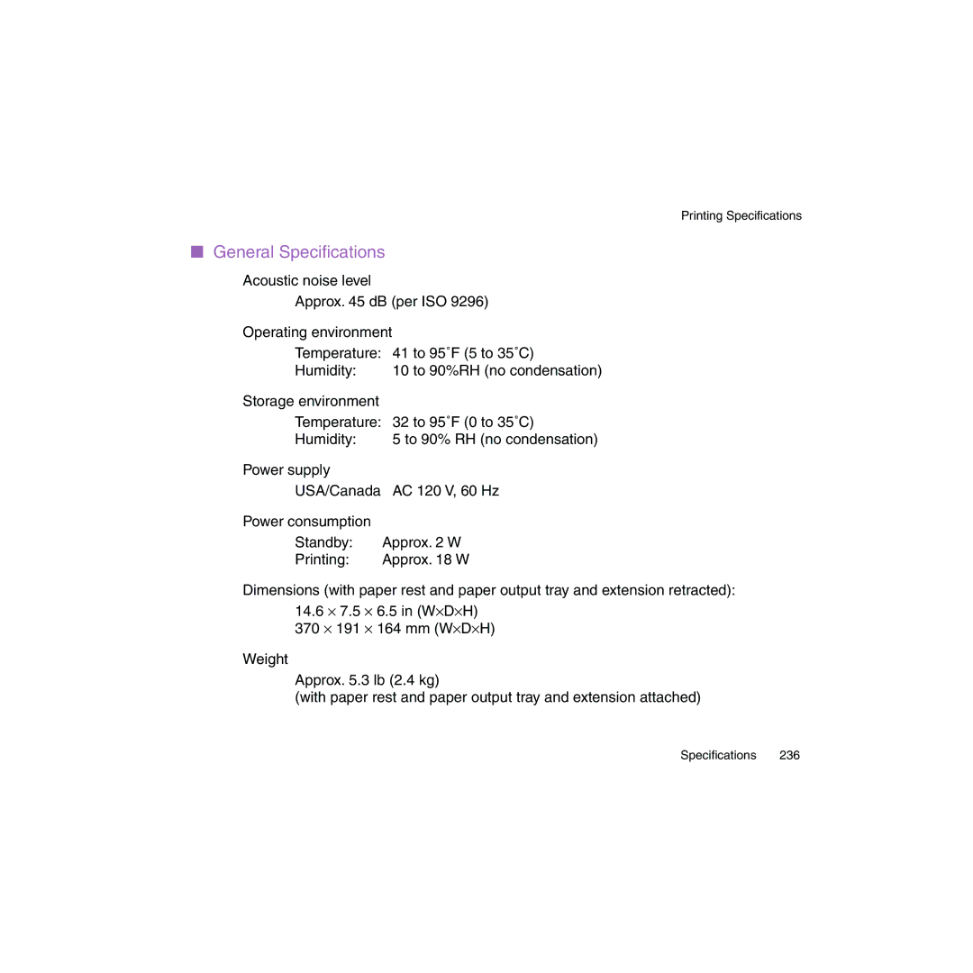 Canon BJC-2100 user manual General Speciﬁcations 