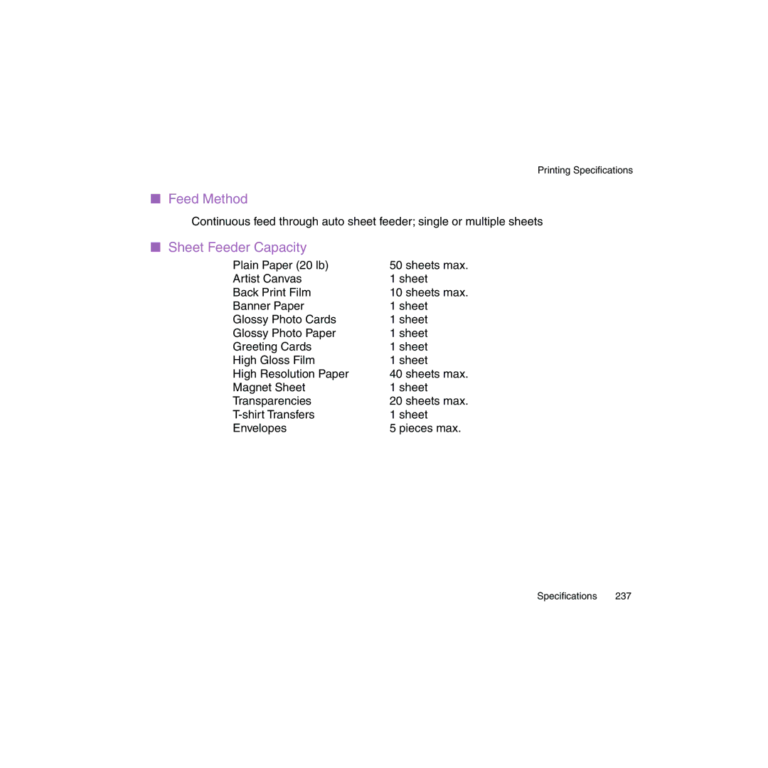 Canon BJC-2100 user manual Feed Method, Sheet Feeder Capacity 