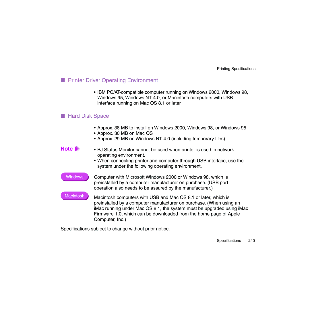 Canon BJC-2100 user manual Printer Driver Operating Environment, Hard Disk Space 