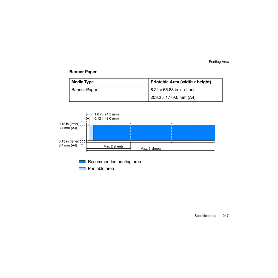 Canon BJC-2100 user manual Banner Paper Media Type Printable Area width x height 