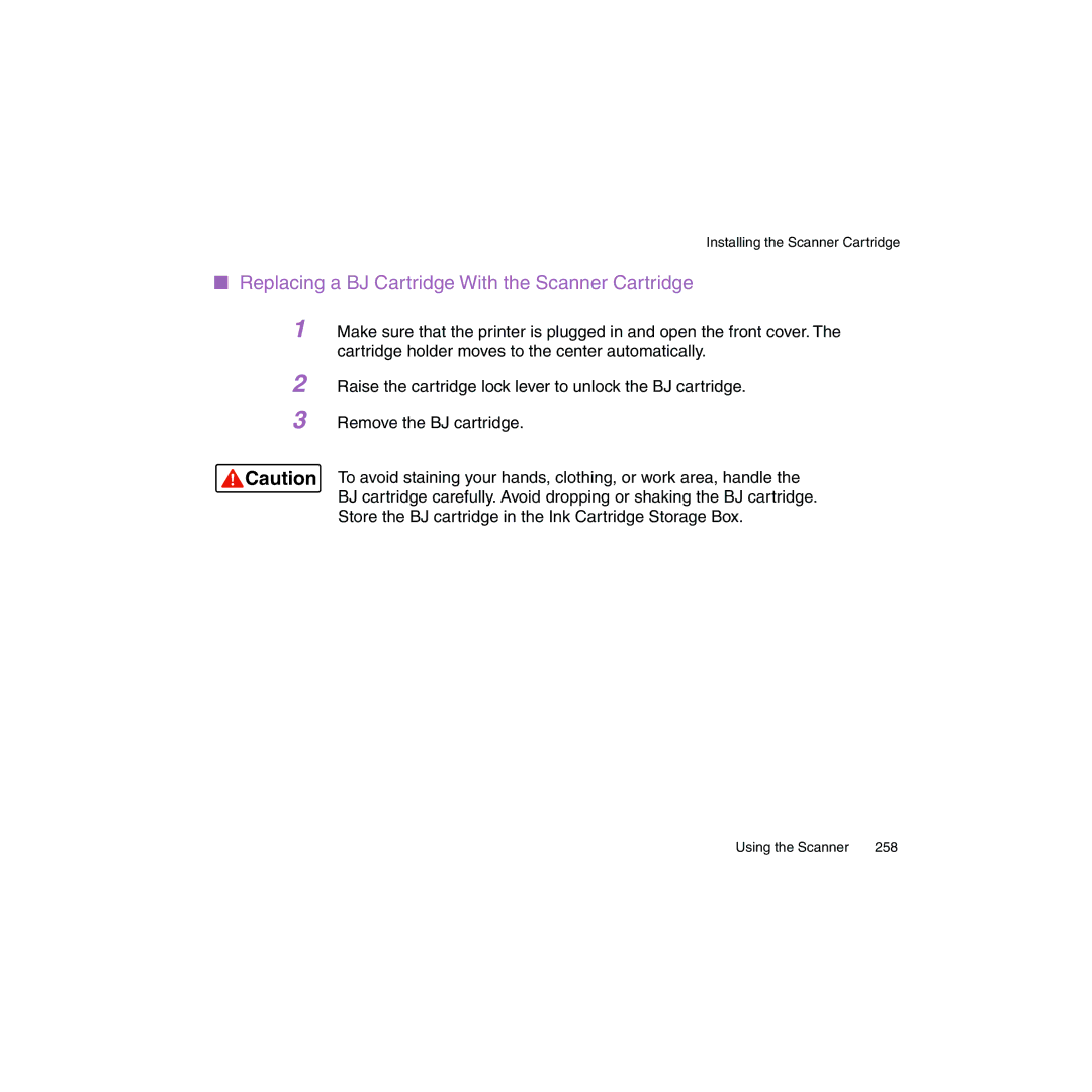 Canon BJC-2100 user manual Replacing a BJ Cartridge With the Scanner Cartridge 