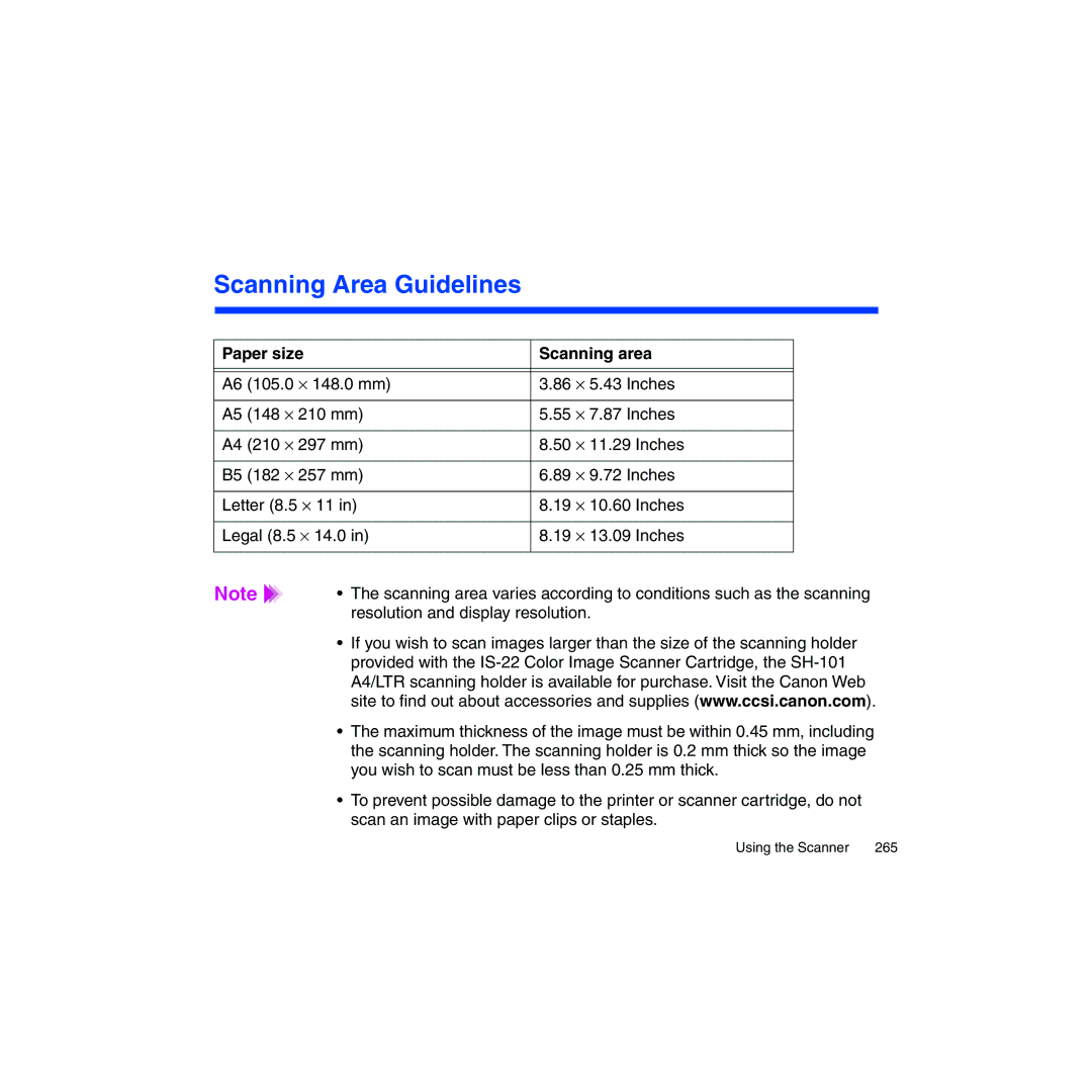 Canon BJC-2100 user manual Scanning Area Guidelines, Paper size Scanning area 