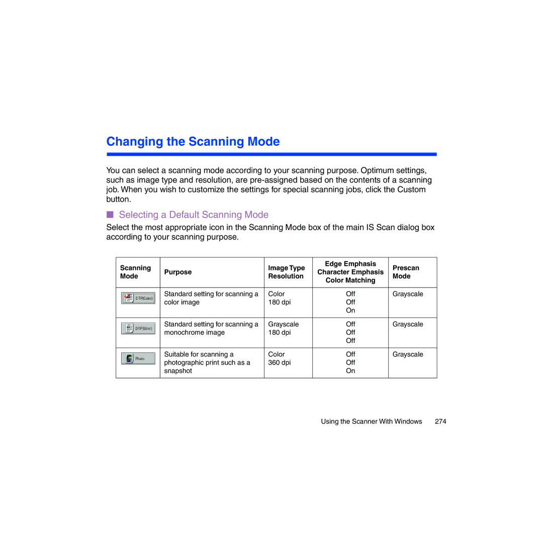 Canon BJC-2100 user manual Changing the Scanning Mode, Selecting a Default Scanning Mode 