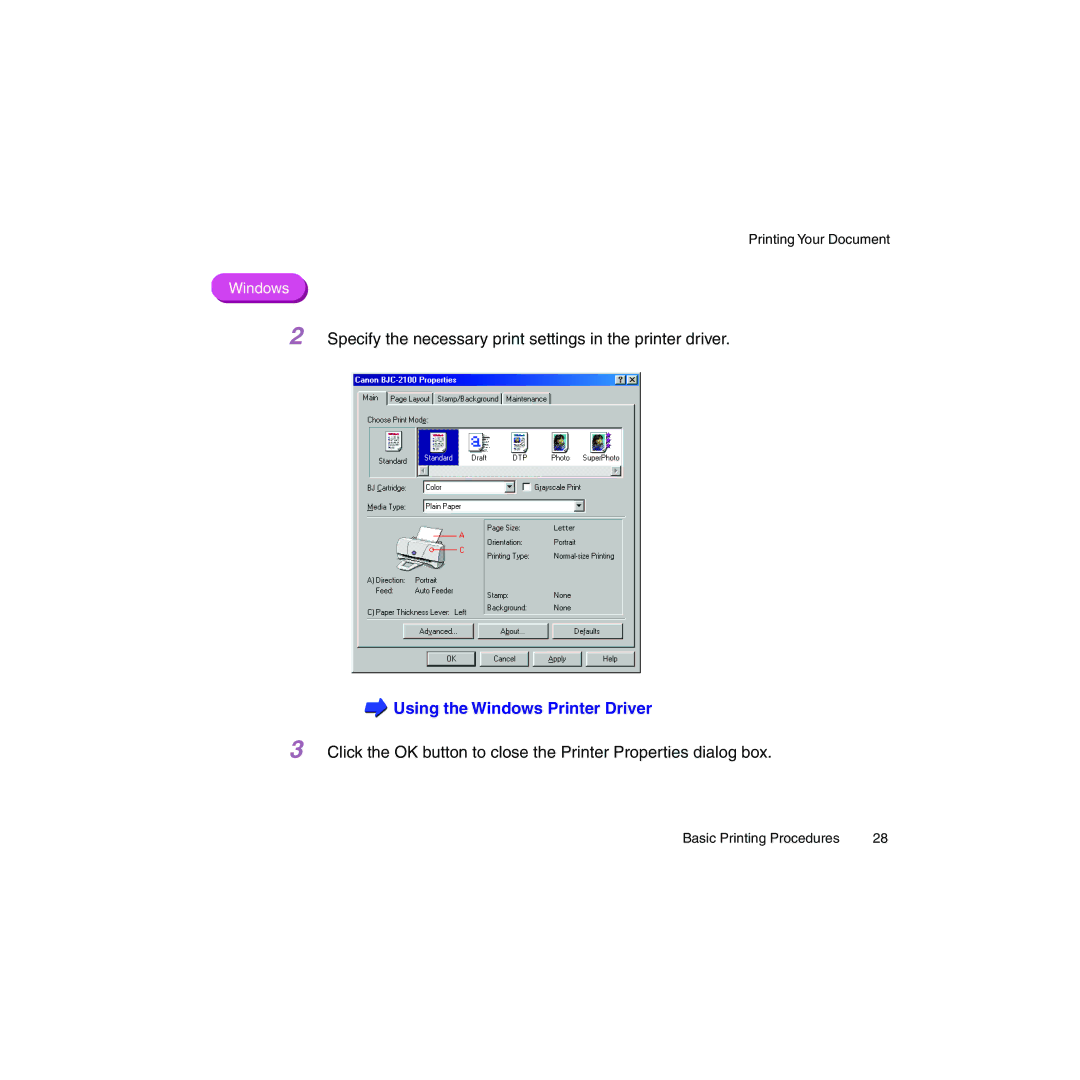 Canon BJC-2100 user manual Using the Windows Printer Driver 