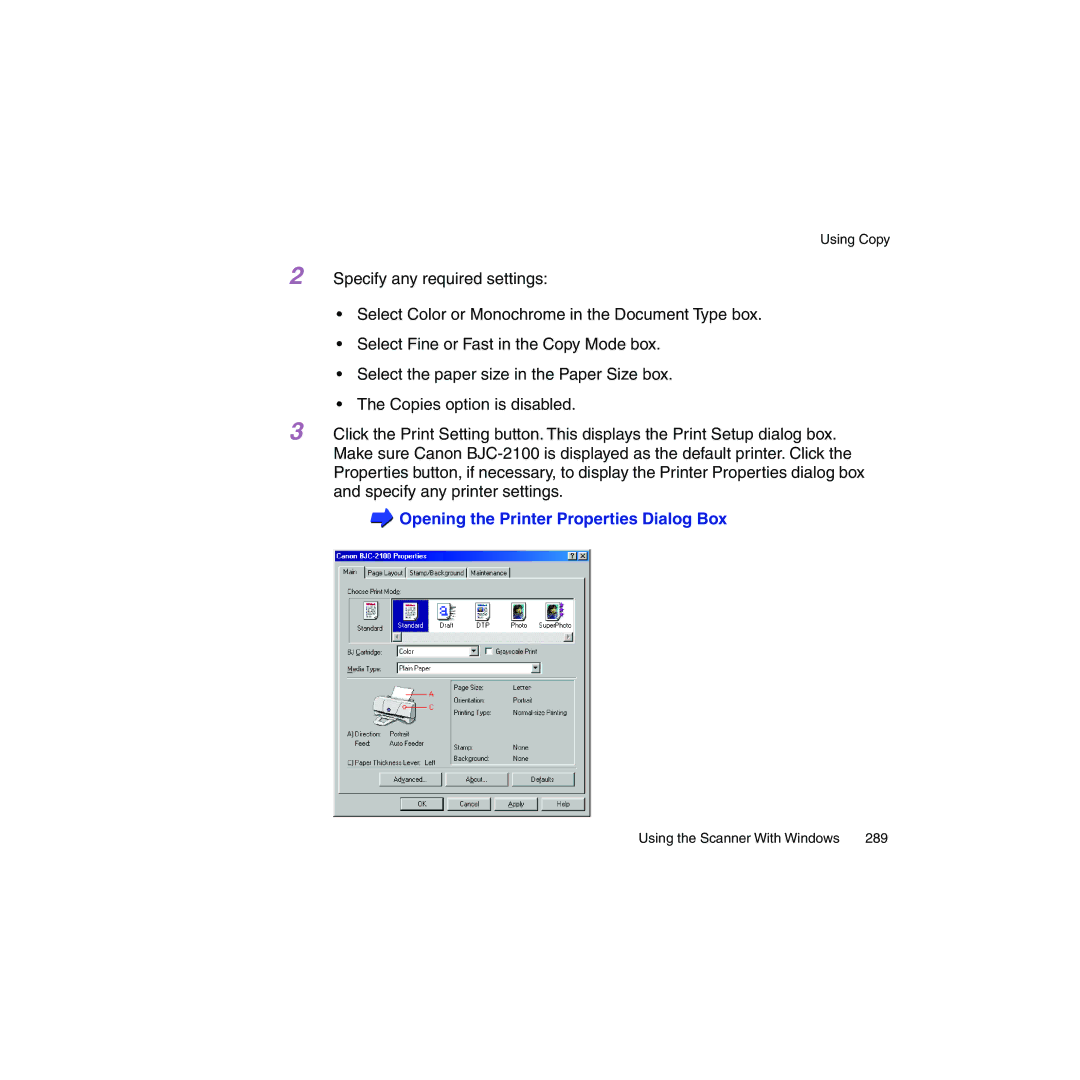 Canon BJC-2100 user manual Opening the Printer Properties Dialog Box 