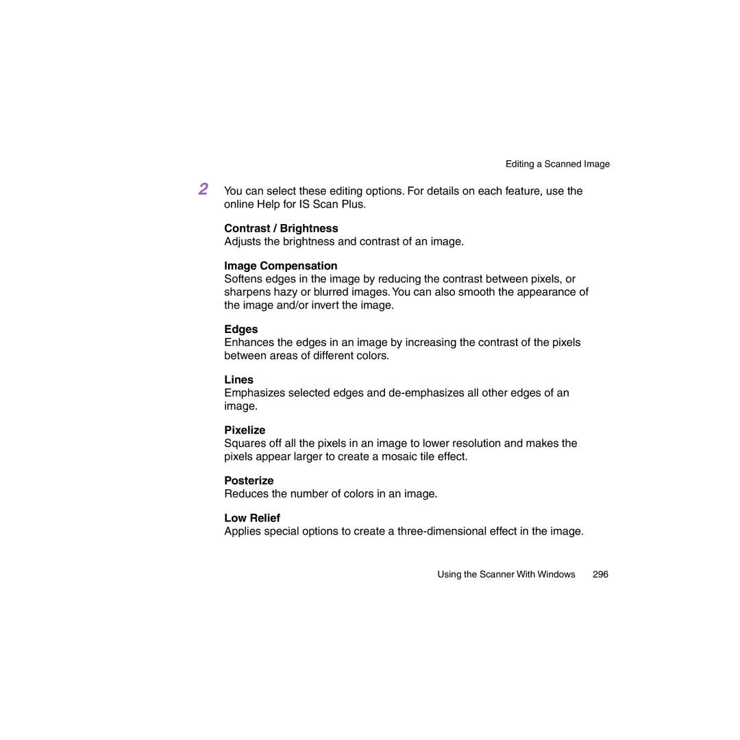 Canon BJC-2100 user manual Contrast / Brightness, Image Compensation, Edges, Lines, Pixelize, Posterize, Low Relief 