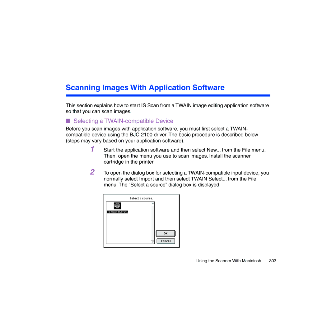 Canon BJC-2100 user manual Scanning Images With Application Software, Selecting a TWAIN-compatible Device 