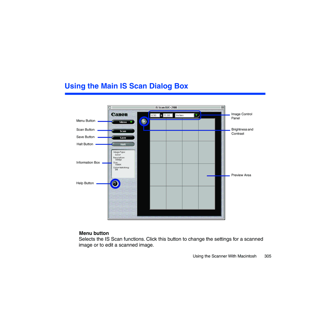 Canon BJC-2100 user manual Using the Main is Scan Dialog Box, Menu button 