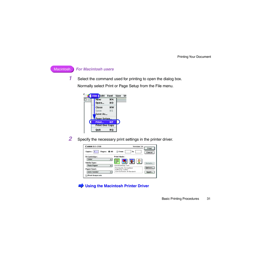 Canon BJC-2100 user manual Macintosh For Macintosh users 