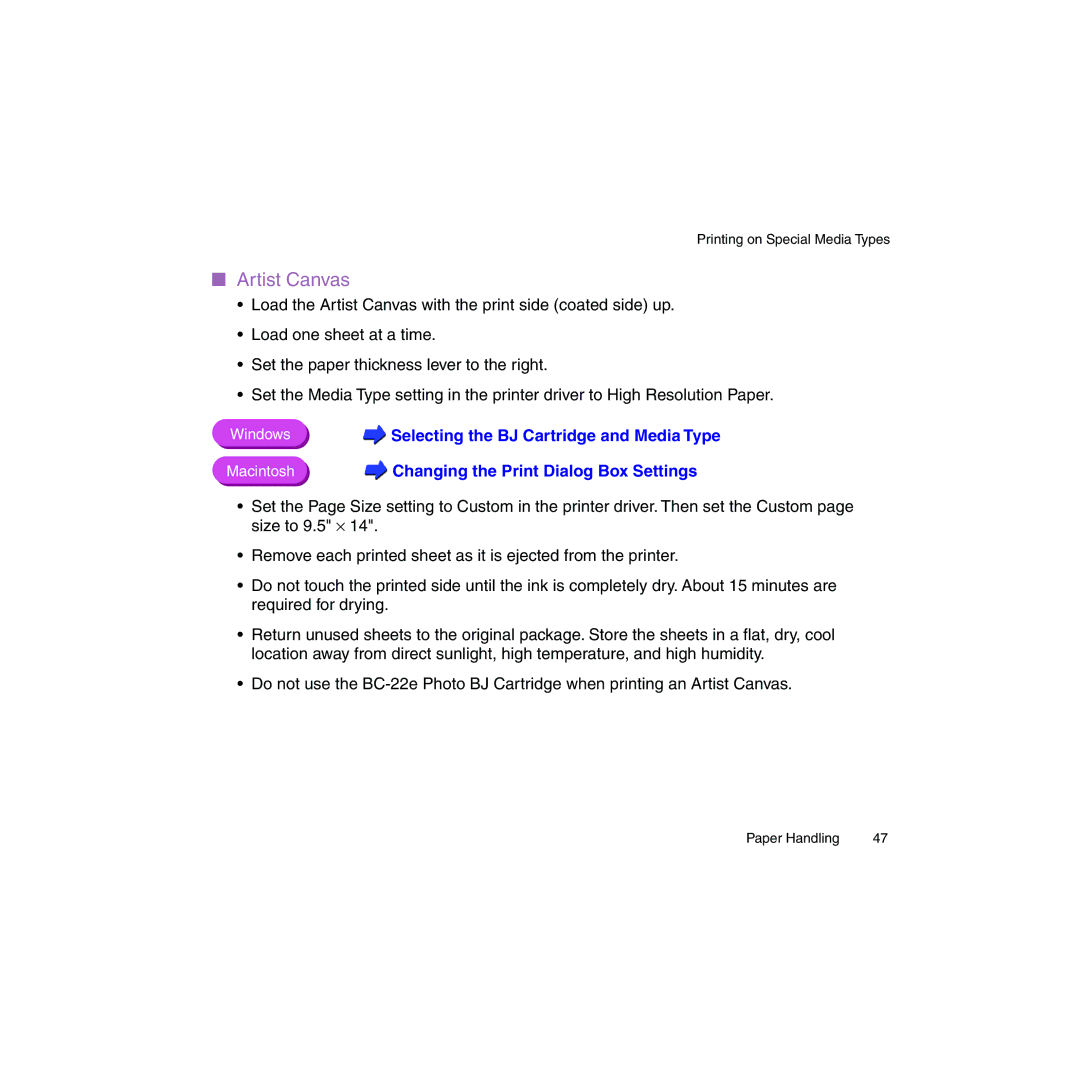 Canon BJC-2100 user manual Artist Canvas, Changing the Print Dialog Box Settings 