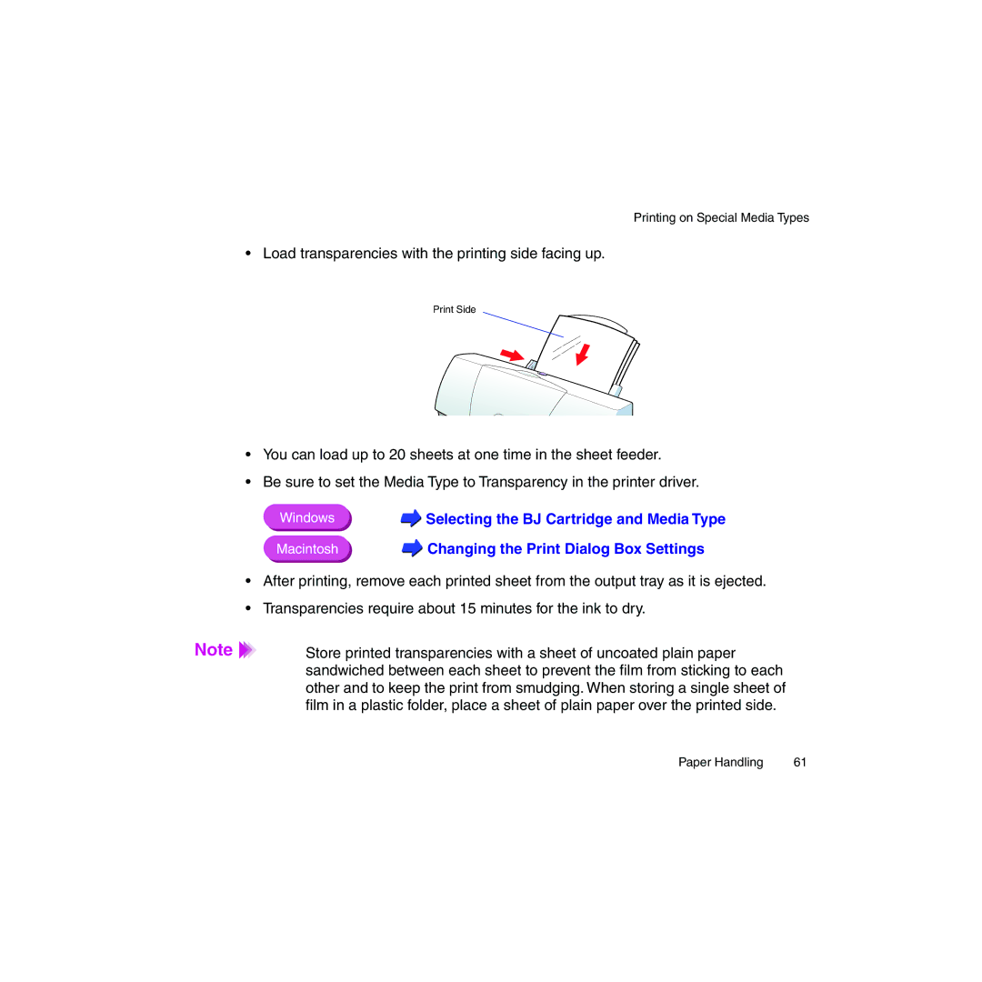 Canon BJC-2100 user manual Load transparencies with the printing side facing up 