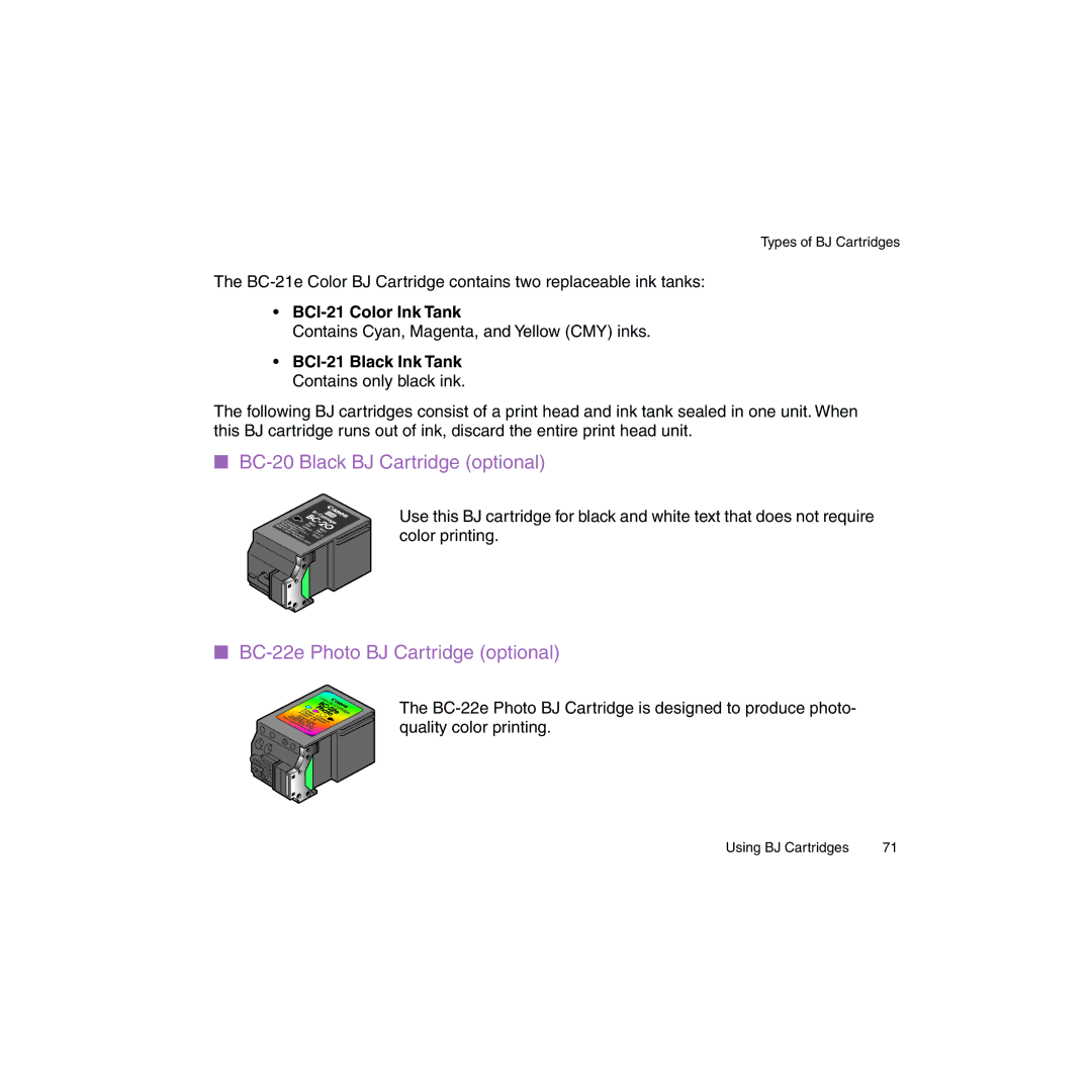 Canon BJC-2100 user manual BC-20 Black BJ Cartridge optional, BC-22e Photo BJ Cartridge optional, BCI-21 Color Ink Tank 