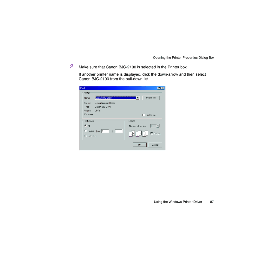 Canon BJC-2100 user manual Opening the Printer Properties Dialog Box 