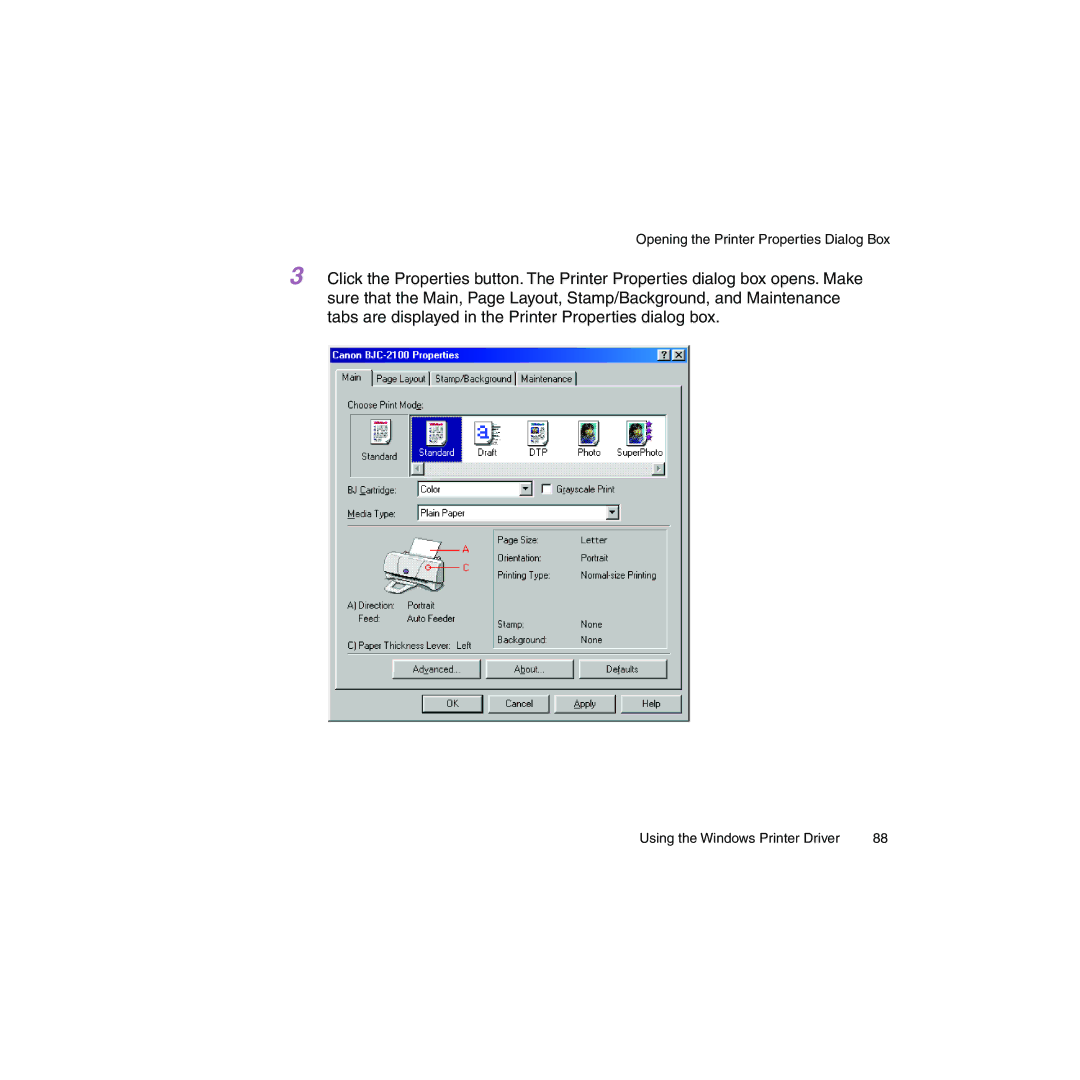 Canon BJC-2100 user manual Opening the Printer Properties Dialog Box 