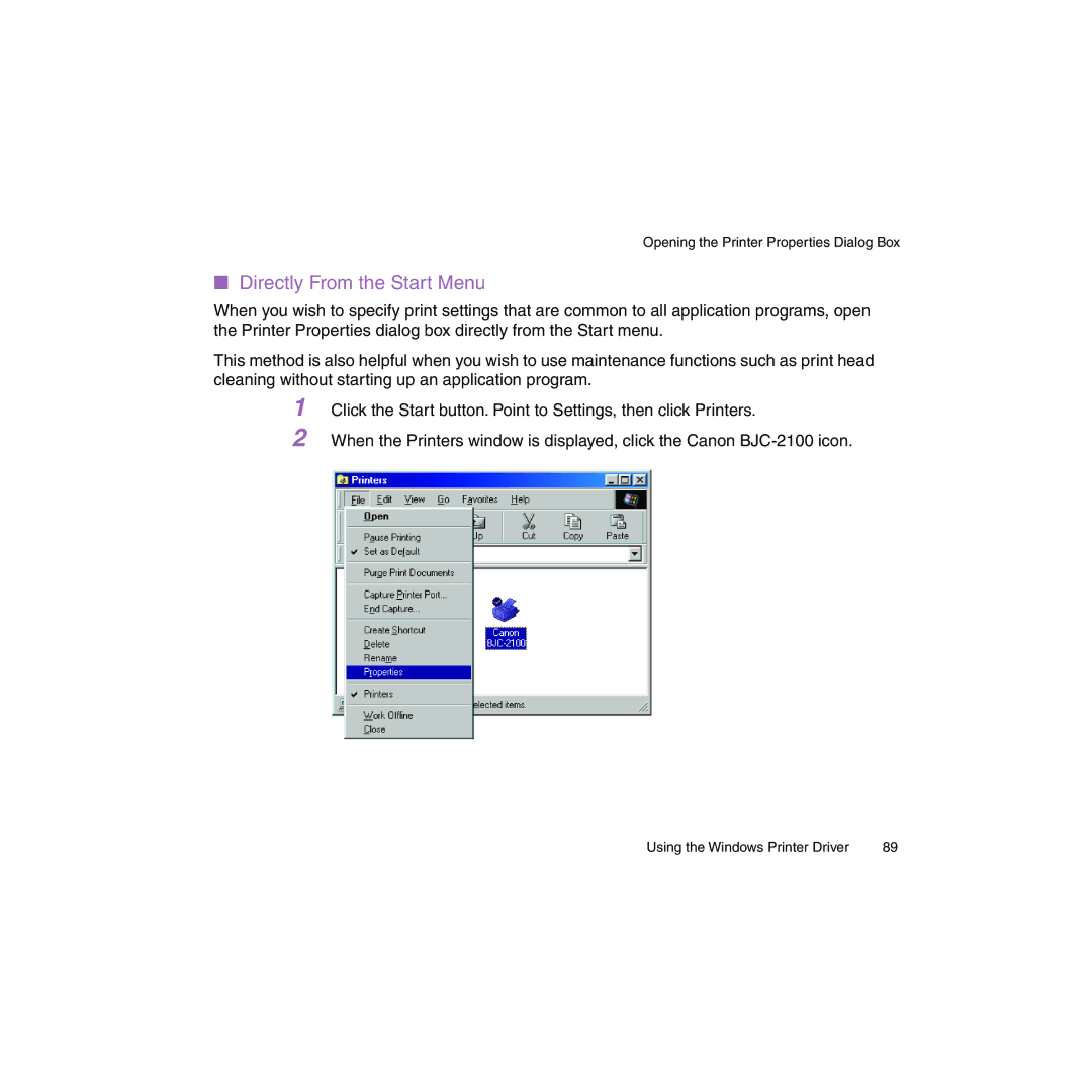 Canon BJC-2100 user manual Directly From the Start Menu 