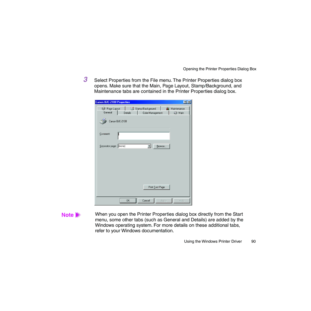 Canon BJC-2100 user manual Opening the Printer Properties Dialog Box 