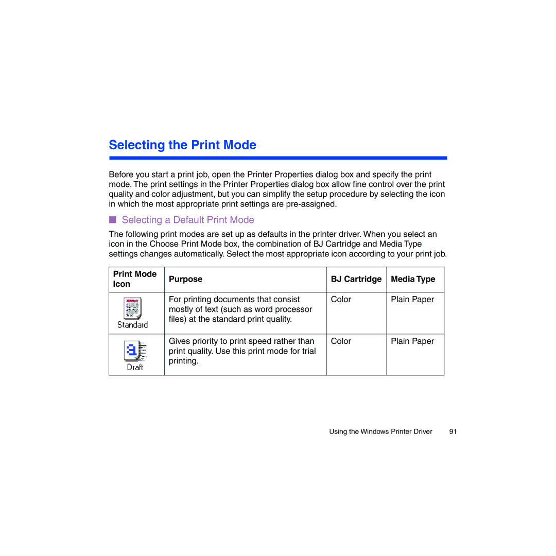 Canon BJC-2100 Selecting the Print Mode, Selecting a Default Print Mode, Print Mode Purpose BJ Cartridge Media Type Icon 